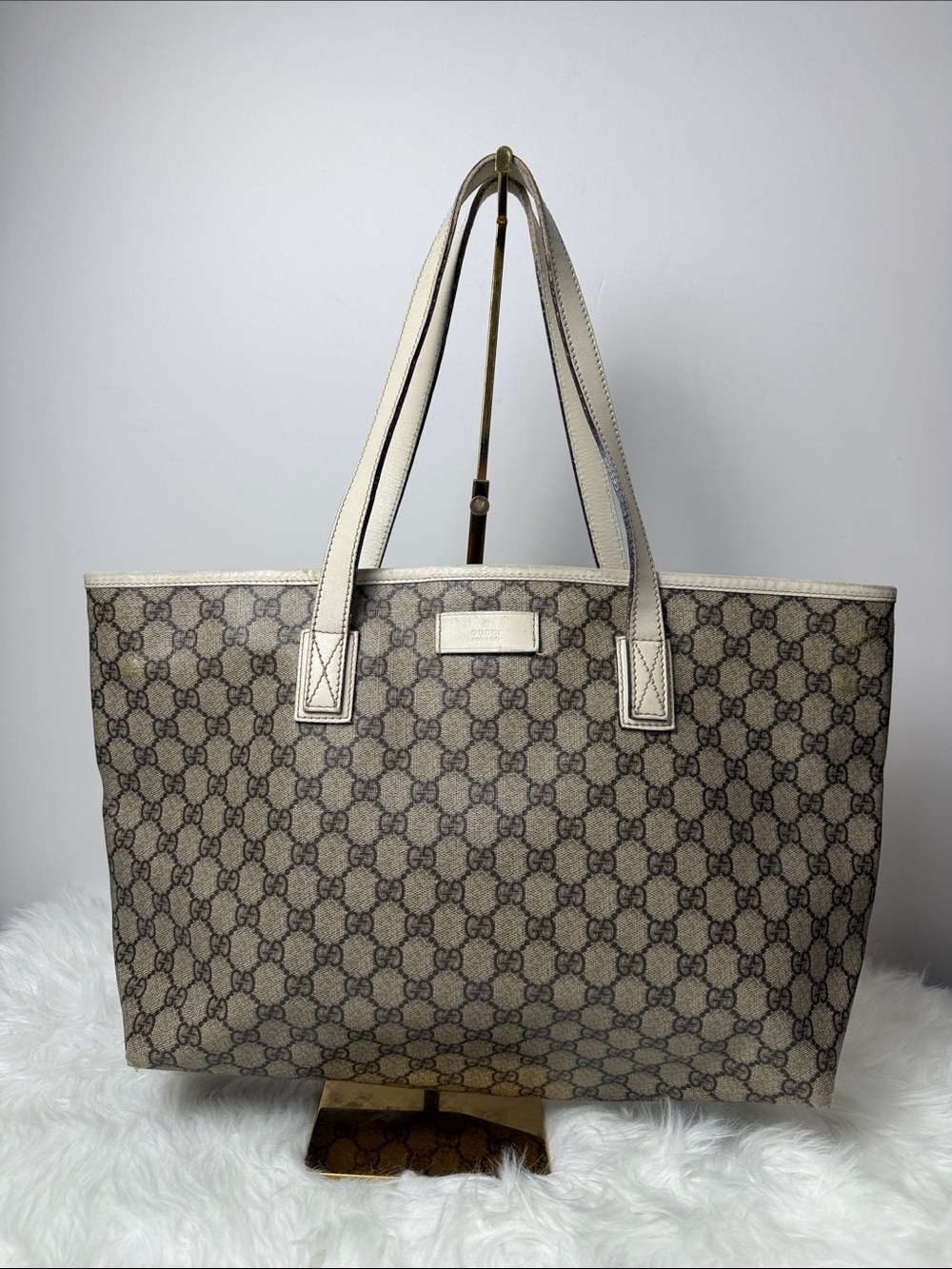 Gucci GG Supreme Beige Monogram Zip Tote Bag White Leather Trim 211137